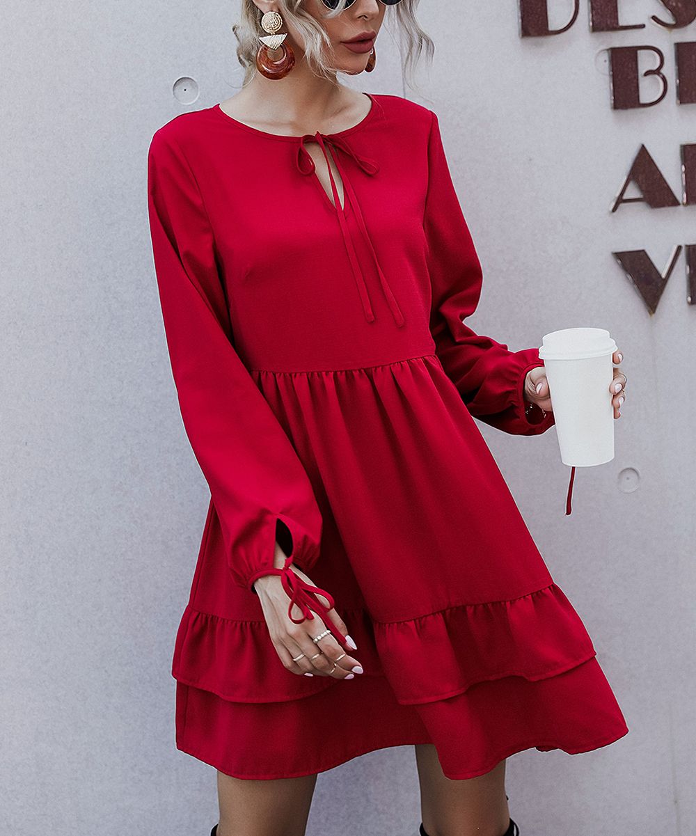 Della Mel Women's Casual Dresses Red - Red Keyhole Long-Sleeve A-Line Dress - Women | Zulily