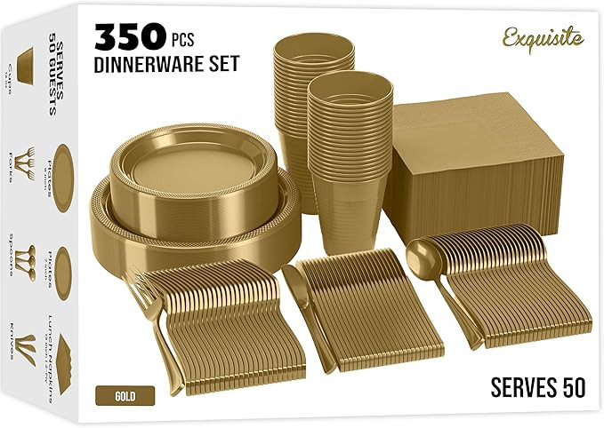 350 Pcs Gold Plastic Plates For Party, Gold Disposable Plates Set, 50 Of Each 9" Dinner Plate Set... | Amazon (US)