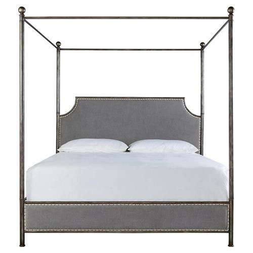 Arya Modern Classic Grey Upholstered Nailhead Trim Metal Canopy Bed - King | Kathy Kuo Home
