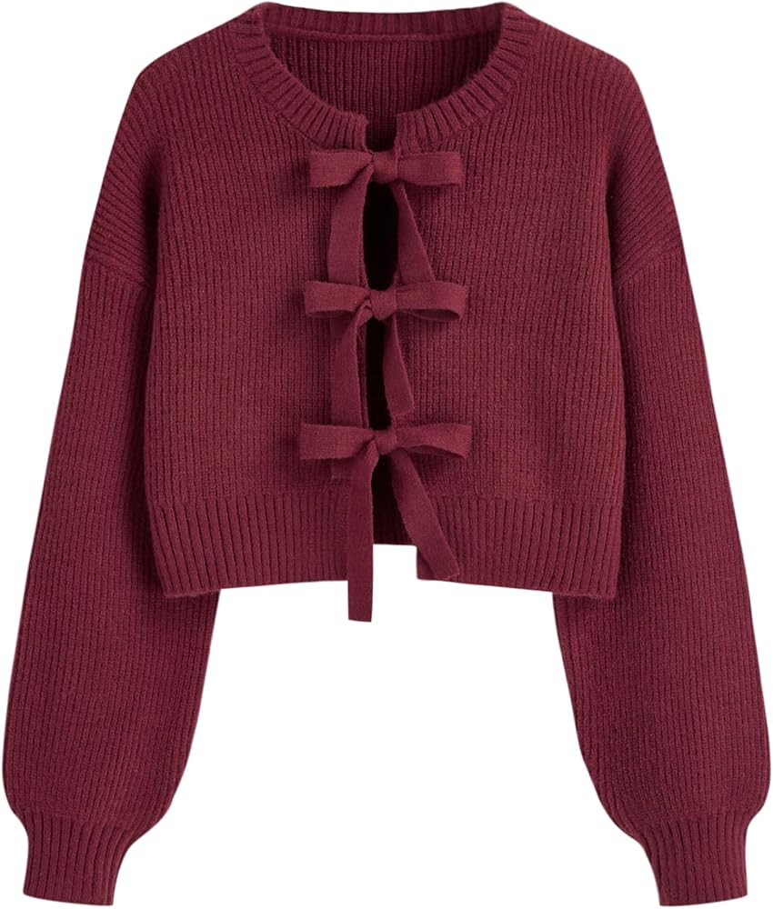 CIDER Women Round Neck Tie Front Cardigan Bowknot Crop Sweater | Amazon (US)
