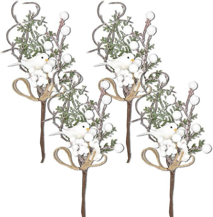 12 White Glitter Berry and Pine Cone Christmas Picks with Birds Holly Branches for Holiday Decora... | Amazon (US)