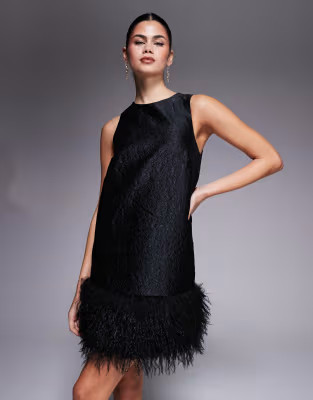 New Look faux feather trim jacquard mini dress in black | ASOS (Global)