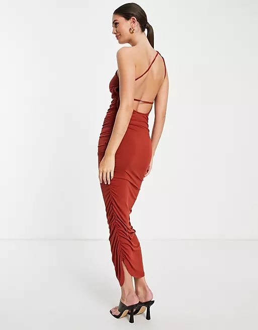 ASOS DESIGN Tall one shoulder ruched bodycon midaxi dress with tie back in chocolate | ASOS (Global)
