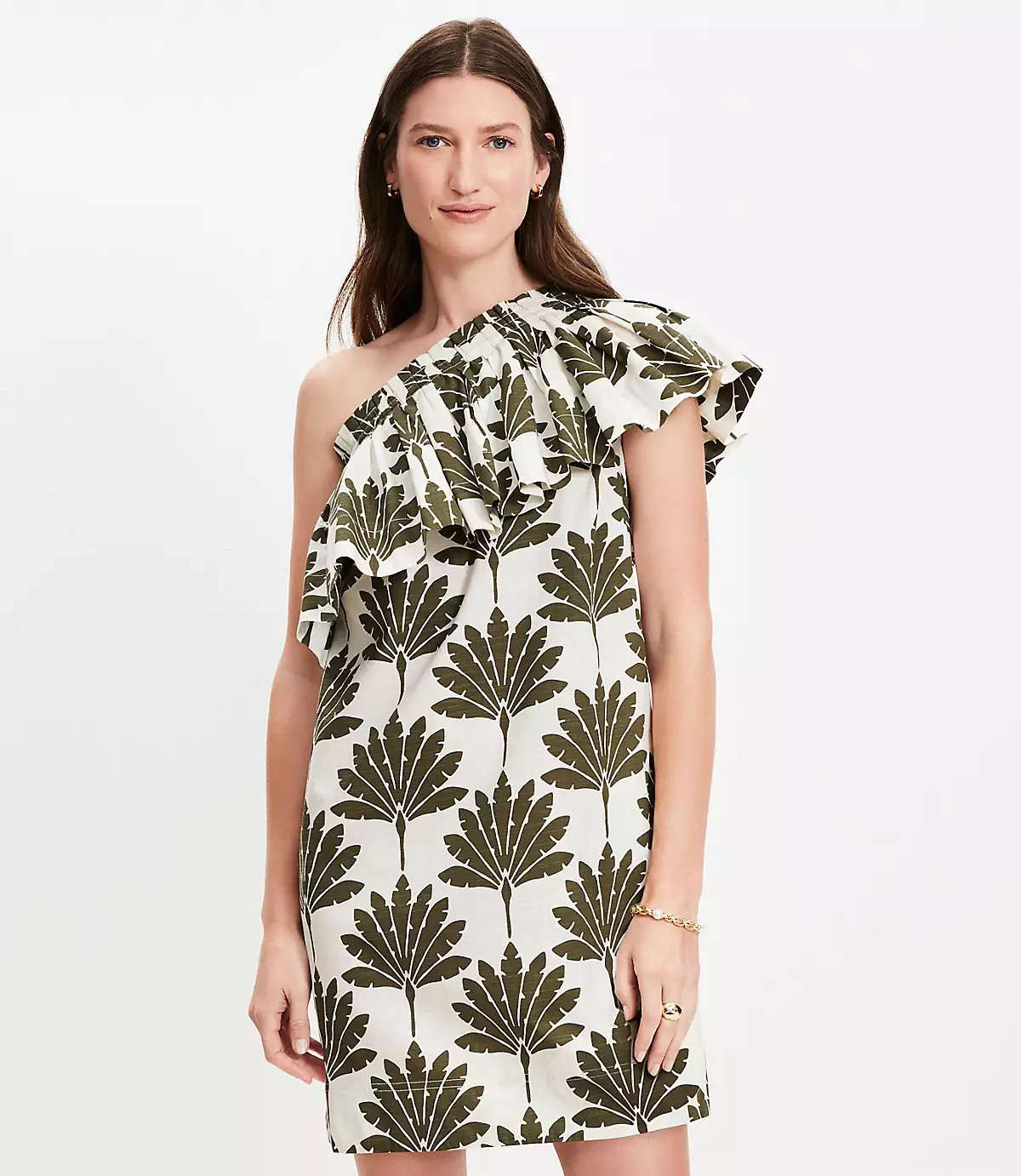 Palm Ruffle One Shoulder Mini Dress | LOFT