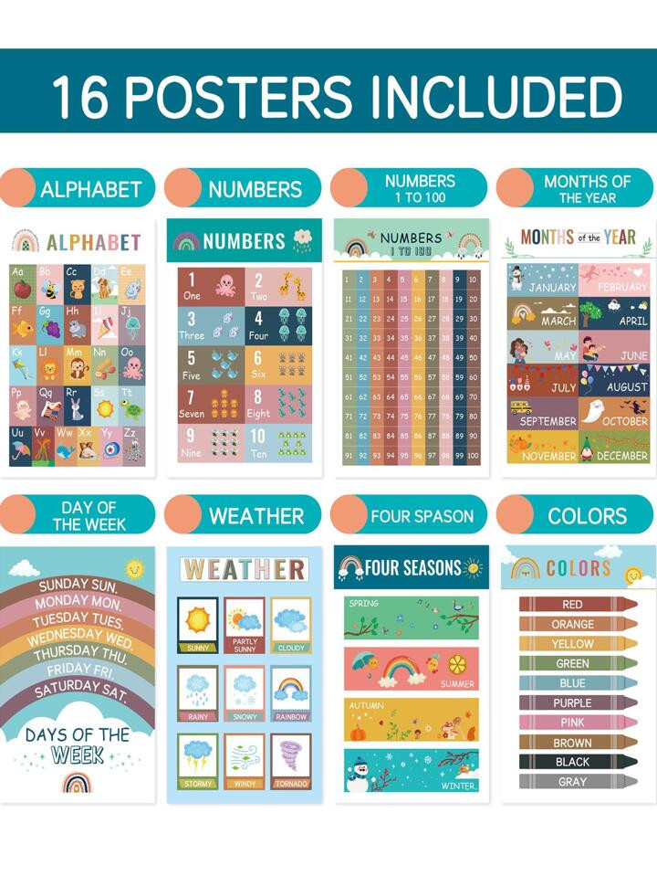 16 Retro Kids Educational Posters For Toddlers - Pre K Learning Posters For Toddlers 1-3, Kinderg... | SHEIN