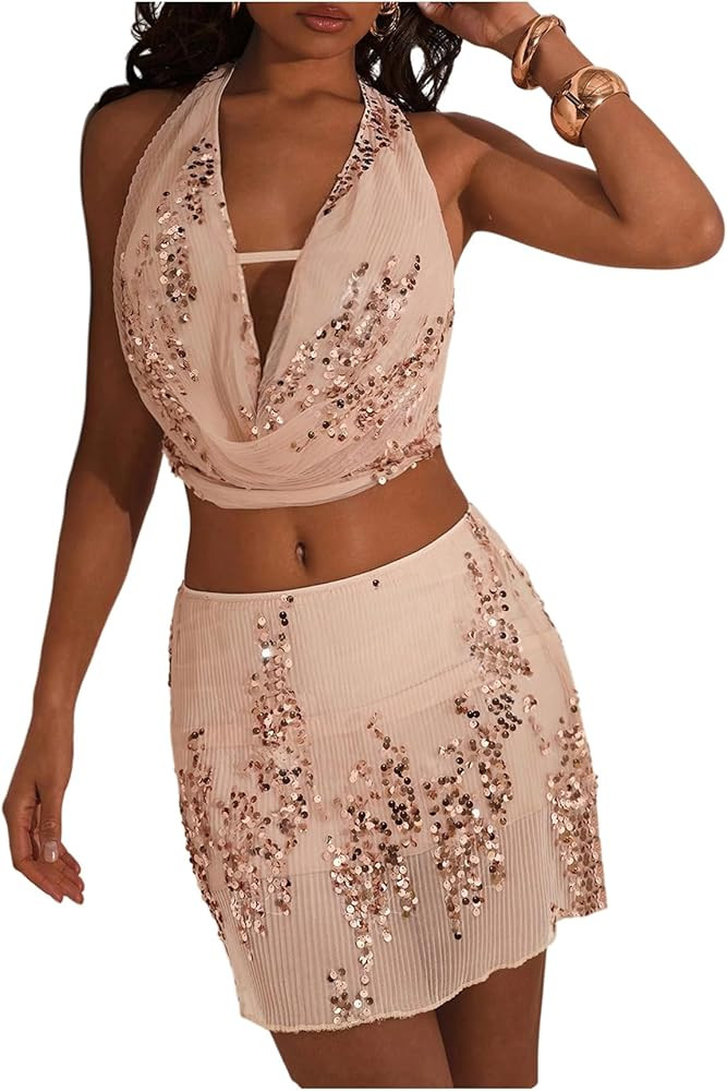 MakeMeChic Women's Sequin Skirt Sets Glitter Draped Halter Mesh Top and Mini Skirts 2 Piece Beach... | Amazon (US)