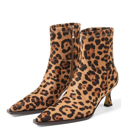 Atsroel Leopard Boots For Women Fall Kitten Heel Ankle Boots Pointed Toe Booties Side Zip Dressy Short Booties For Women Low Heel Size 7.5 | Amazon (US)