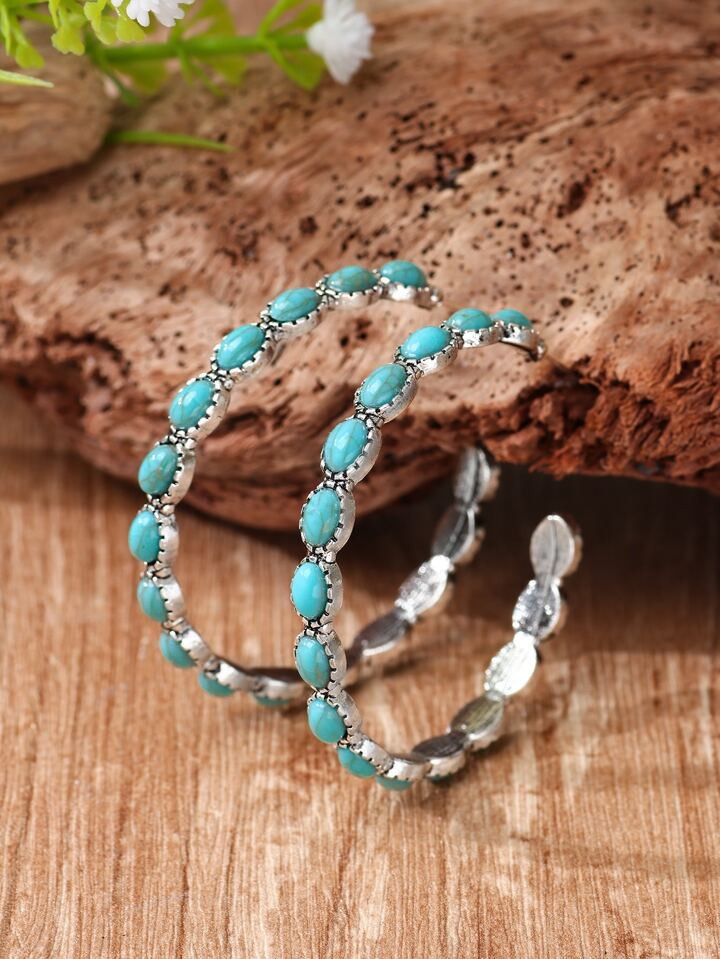 Turquoise Decor Open Hoop Earrings | SHEIN