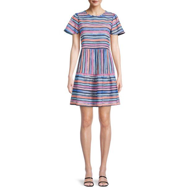 Time and Tru Women's Short Sleeve Printed Woven Mini Dress - Walmart.com | Walmart (US)