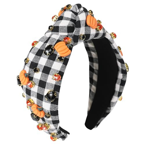Gmmidea Halloween Pumpkin Headbands for Women Girls Halloween Accessories Outfits Sparkly Rhinestone Jeweled Knotted Headband Fashion Wide Twisted Black and White Plaid Hairband | Amazon (US)