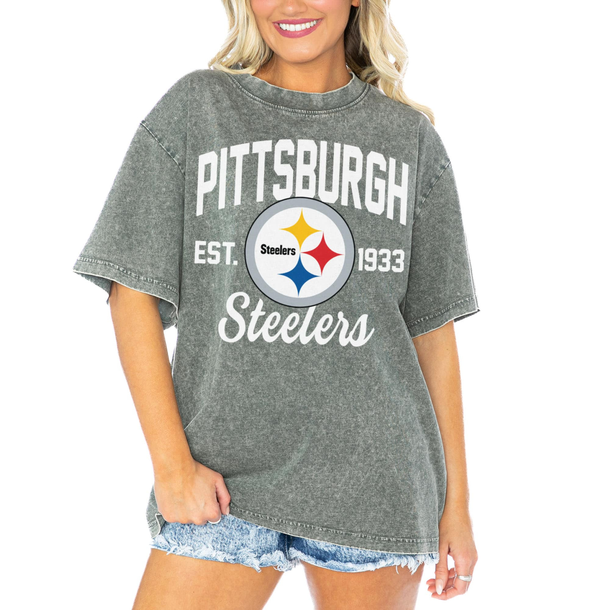 Women's Pittsburgh Steelers  Gameday Couture Gray Tackle Titan Boyfriend Washed T-Shirt | NFL Shop