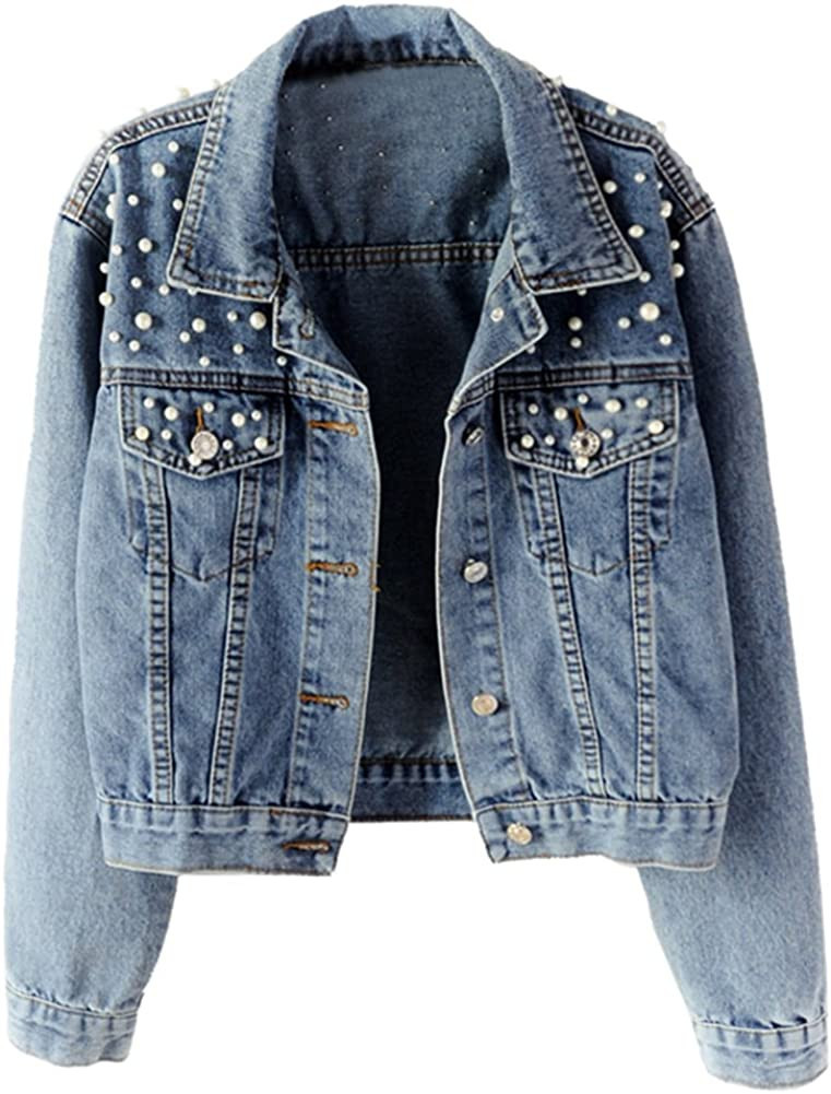 LifeShe Women's Embroidered Pearl Denim Jean Jacket Coat | Amazon (US)