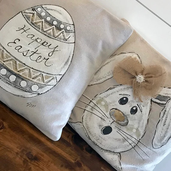 Farmhouse White Easter Egg Pillow Floppy Ear Bunny Happy | Etsy | Etsy (US)