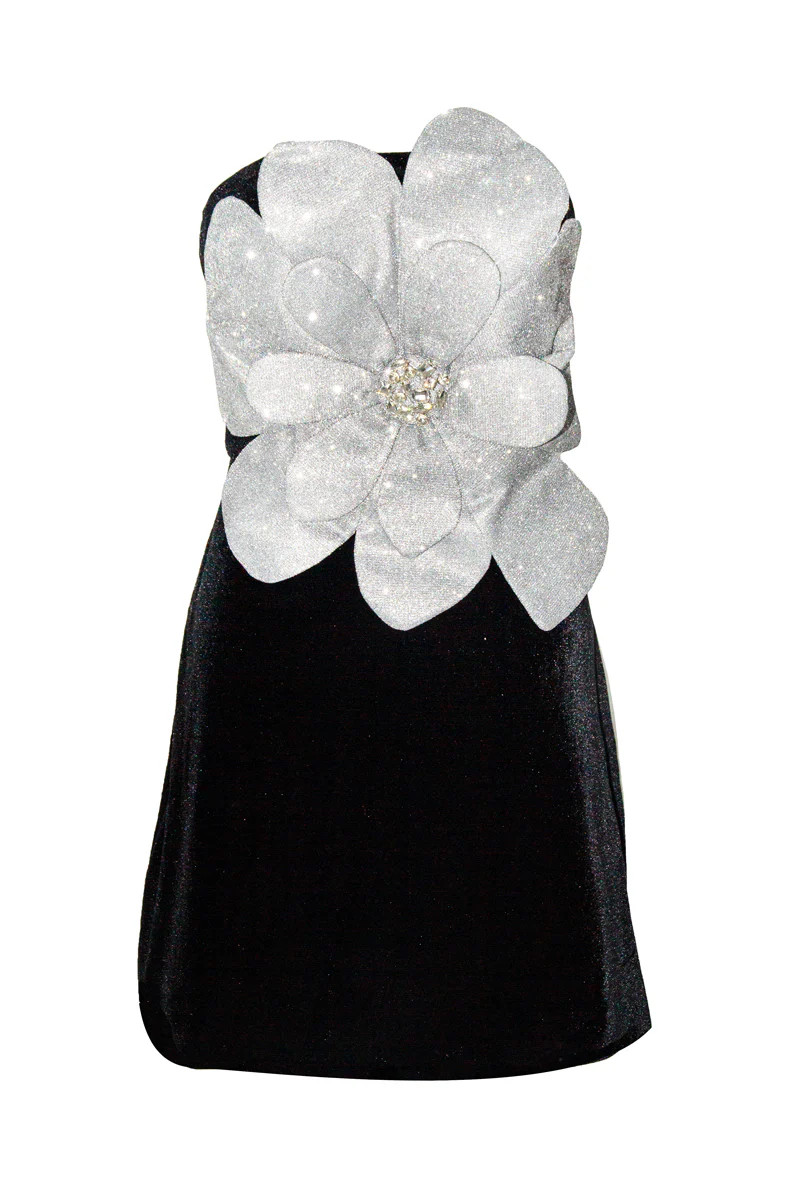 CALLA STRAPLESS ROSETTE MINI IN BLACK/SILVER | Bariano | CULT MIA | CULT MIA UK LTD