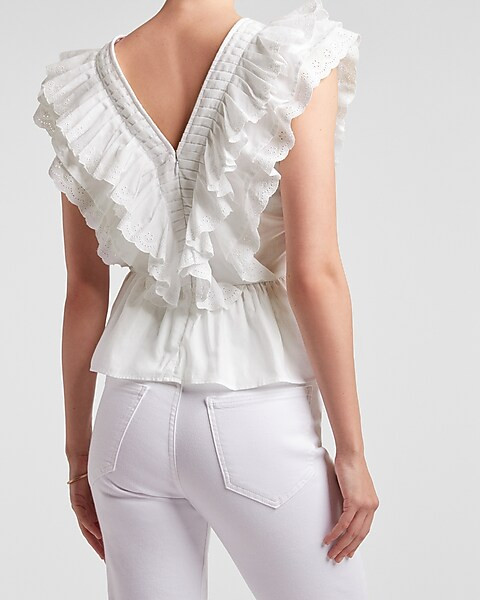 Embroidered Eyelet Lace Ruffle V-Neck Top | Express