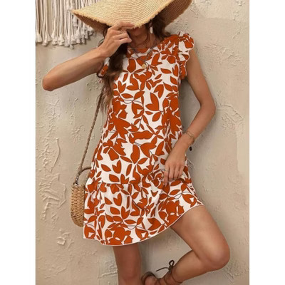 Women's Summer Beach Boho Ruffle Trim Dresses Sleeveless Swing Flowy Vocation Tiered Sun Dress,Orange print,S | Target