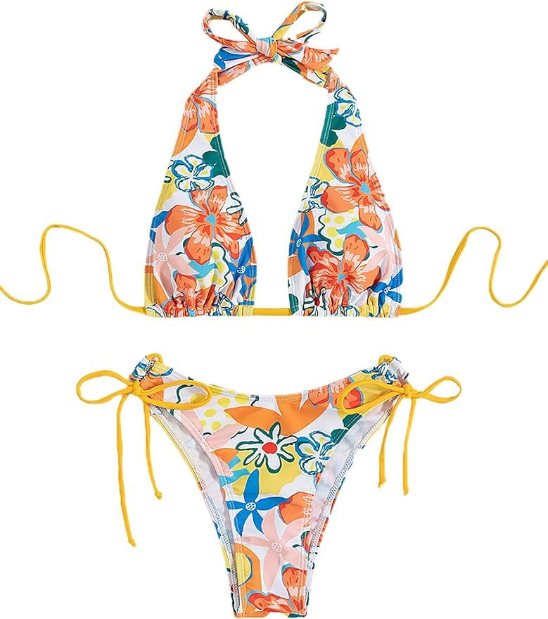 Romwe Women's Floral Print Tie Halter Bikini Set 2 Piece Swimsuit Bathing Suit | Amazon (US)