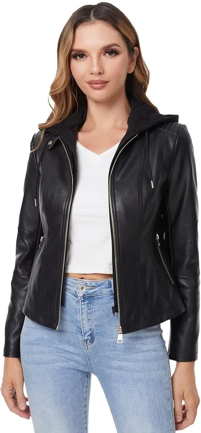 DIASHINY Faux Leather Jacket For Women Removable Hooded Moto Biker Outwear Coat | Amazon (US)