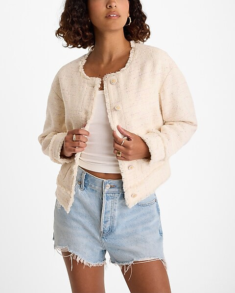 Fringe Tweed Novelty Button Cropped Jacket | Express