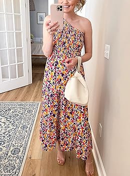 BTFBM Women One Shoulder Sleeveless Casual Summer Dresses Smocked High Waist Floral Print Boho Pl... | Amazon (US)