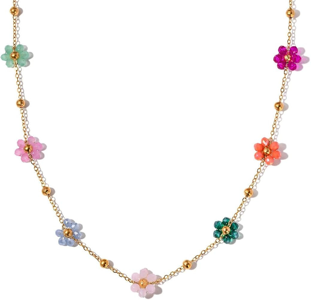 Exquisite daisy flower necklace bracelet earrings three piece set, Gold Plated Chain with Colorfu... | Amazon (US)