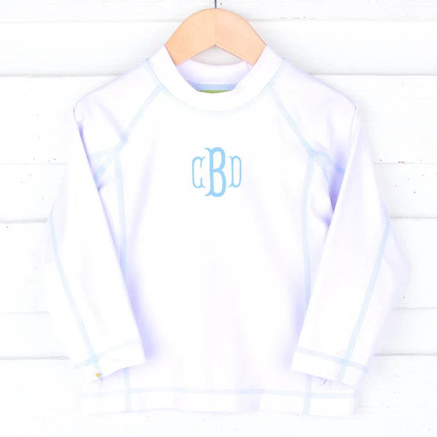 White Long Sleeve Rash Guard with Turquoise Trim | Classic Whimsy