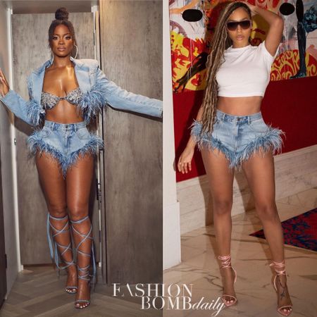 #whoworeitbetter ? Both @lala and @arilennox have worn these $595 @area feather trimmed shorts. While #arilennox was styled by @therealnoigjeremy in a matching #area jacket and denim lace ups, #lala opted for a white tee and pink sandals. Both look 💣, but #wwib ? Shop the look at the link in bio! 
📸 IG/Reproduction/ @sterlingpics 
#arilennoxfbd #lalafbd