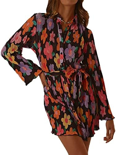 ABYOVRT Women Shirt Dresses Long Sleeve Pleated Mini Dress Casual Button Down Tunic Tops with Bel... | Amazon (US)