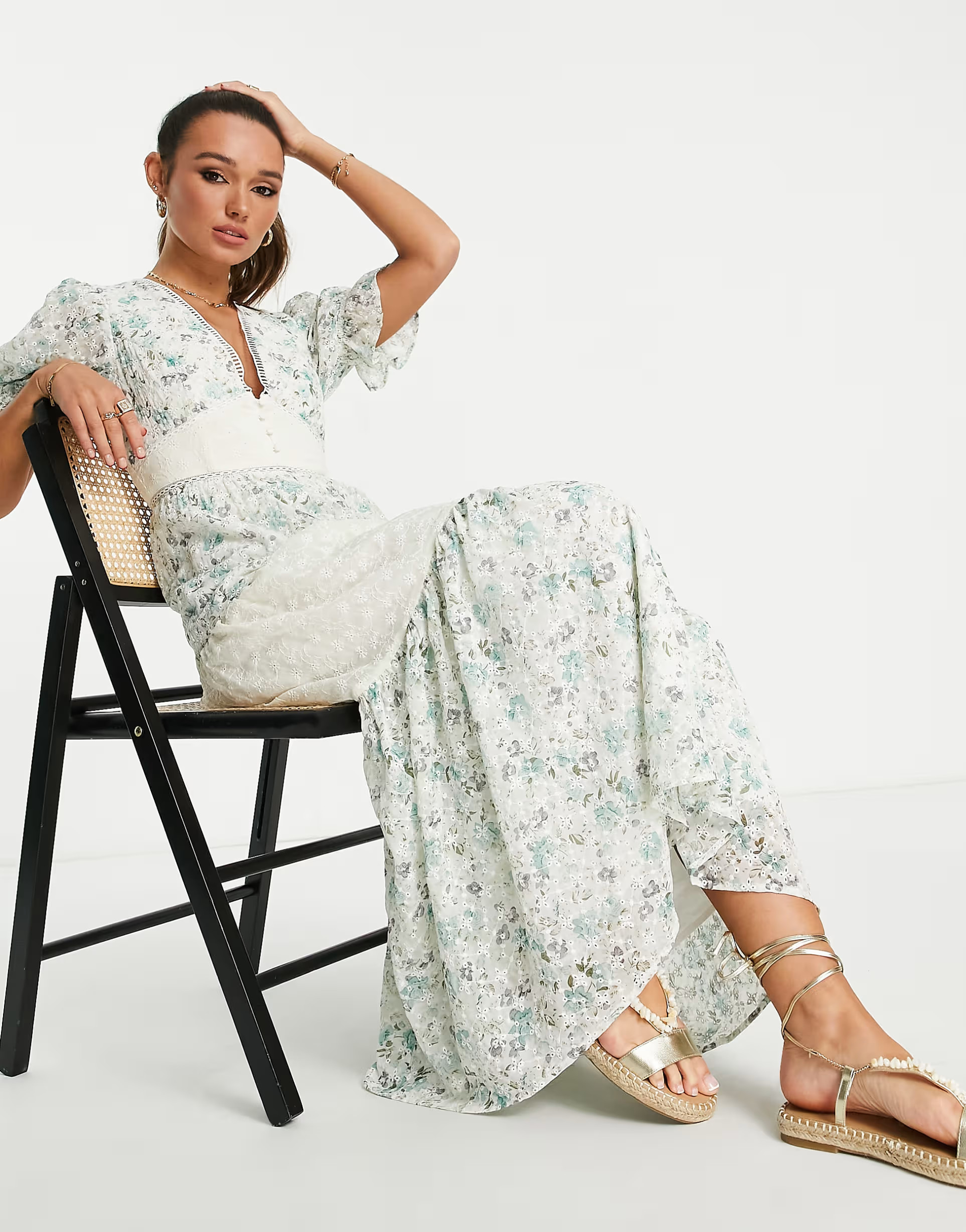 ASOS DESIGN eyelet tiered midi tea dress in mixed ditsy print | ASOS (Global)