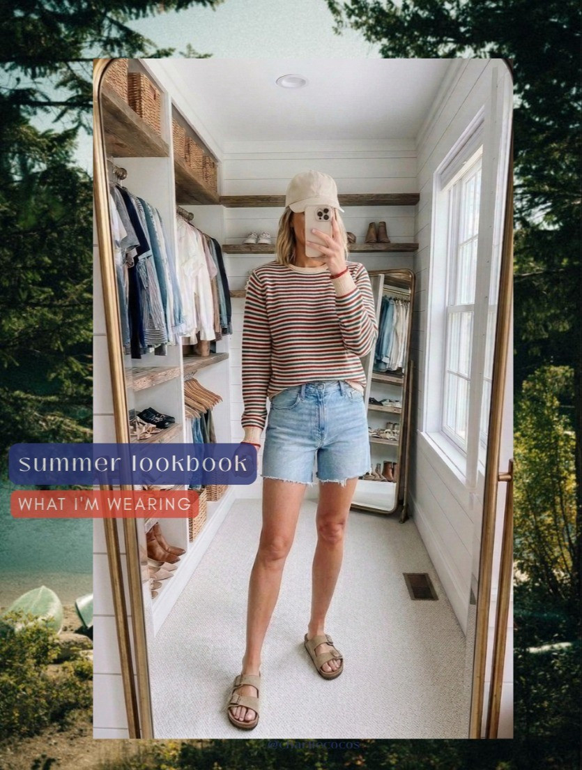 Love this classic red white and blue summer outfit. Sweater is Kiel James Patrick. Casual summer. New England summer outfit. Fourth of july. 4th of july. Mom outfits. Baseball mom. Summer vacation. Beach vacation. Outfits at the lake. Tuckernuck. Amazon. Agolde. Stripe sweater. Patriotic outfit. Jean shorts outfit. Big buckle birkenstocks. Birkenstock summer outfit.

#LTKootd #LTKOver40 #LTKmomlife