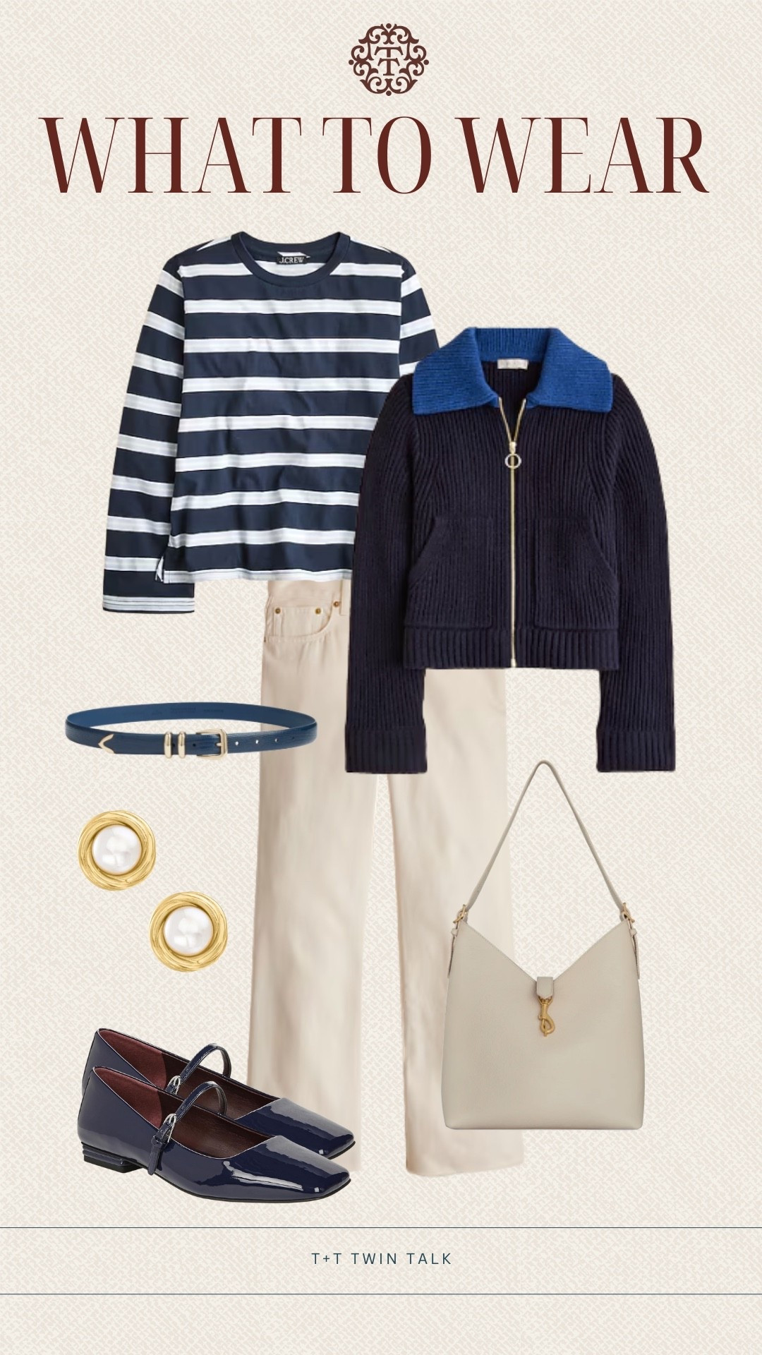 T+T, what to wear out on the weekend! We love this zip up J.Crew collared jacket layered over a stripped shirt and cream colored pants. We would wear navy Mary Jane flats, Ross Simons earrings, and a navy belt to complete the look. Don’t forget to grab your purse on the way out the door! 

#LTKOver40 #LTKSeasonal #LTKMidsize