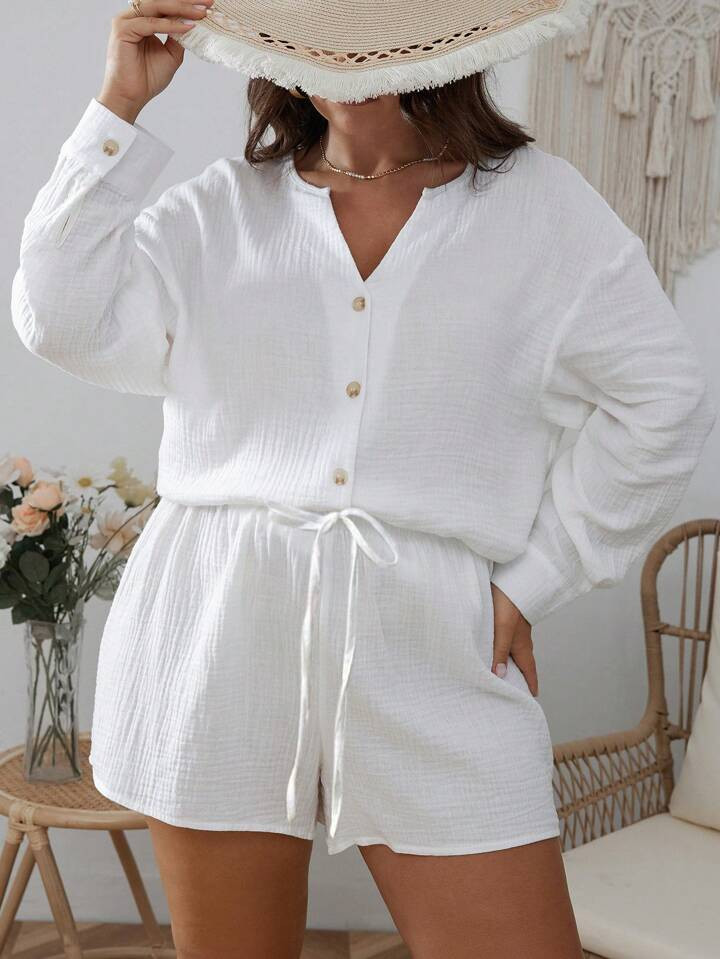 SHEIN VCAY Plus Drop Shoulder Button Front Blouse & Shorts | SHEIN