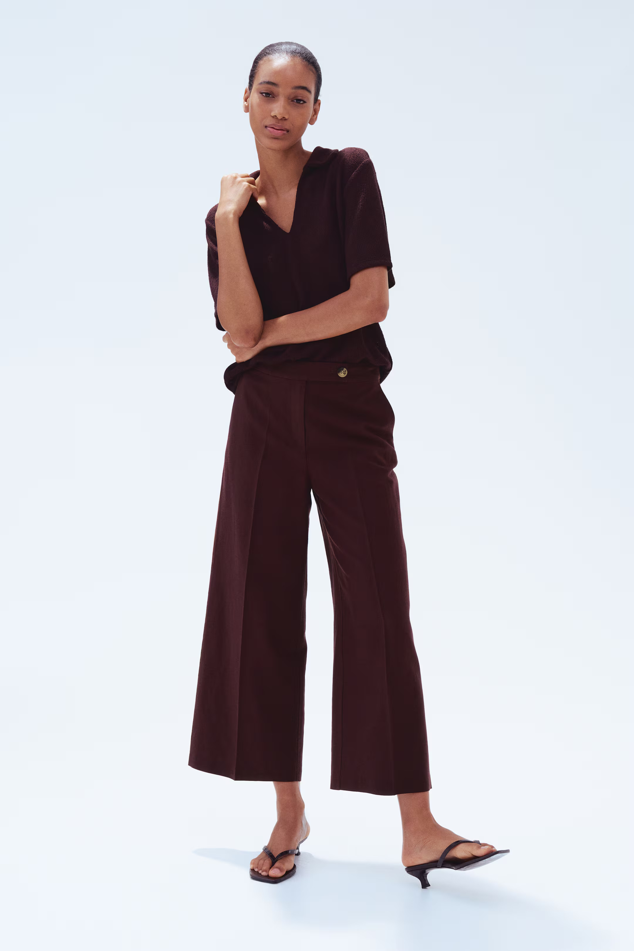 Tailored linen-blend trousers - Dark brown - Ladies | H&M GB | H&M (UK, MY, IN, SG, PH, TW, HK)