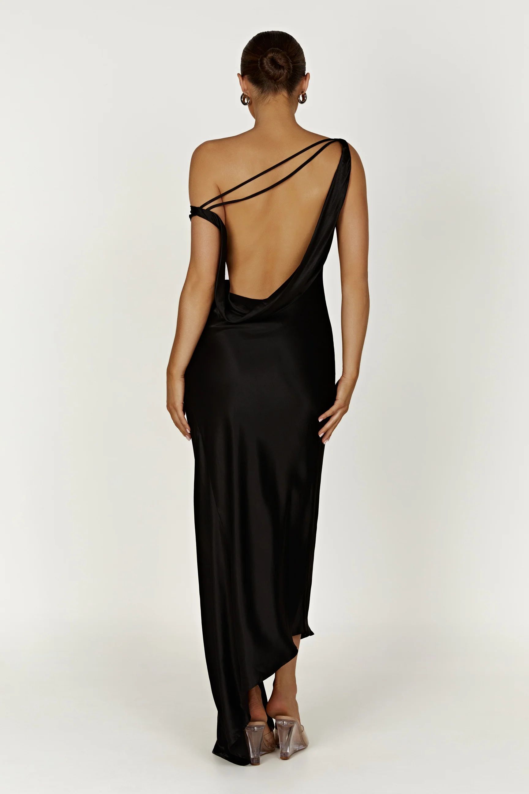 Yvette Slip Maxi Dress With Asymmetrical Hem - Black | MESHKI (US & UK)