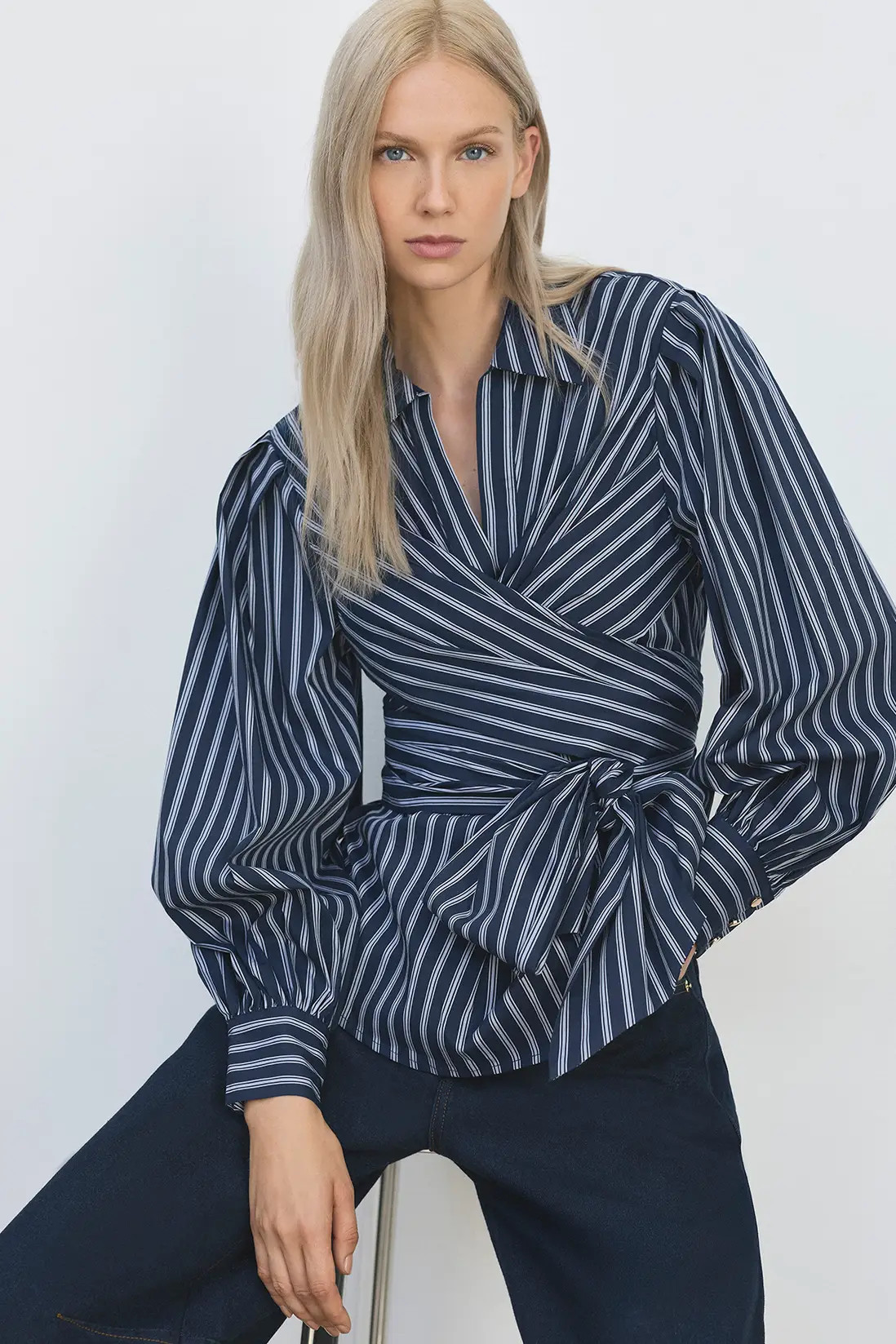 Forever Cotton Poplin Drama Sleeve Woven Wrap Detail Blouse | Karen Millen