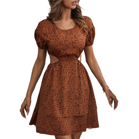 Women Puff Short Sleeve O-Neck Mini Flowy Dress Leopard Printed Sexy Cut Out High Waist Tiered Ruffl | Walmart (US)