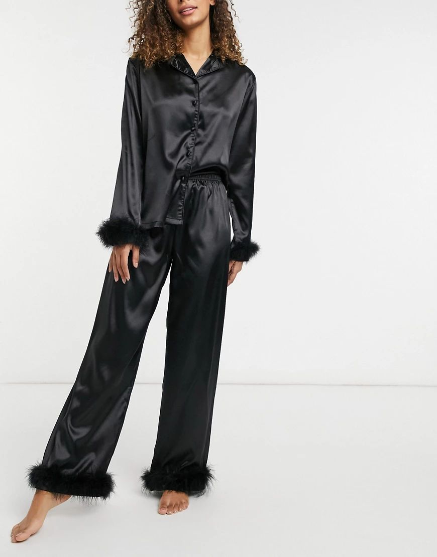 Night satin feather trim shirt and pants pajama set in black | ASOS (Global)