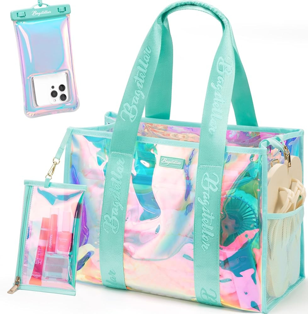 Iridescent Beach Tote Bags for Women, Large Zipper Beach Pool Swim Bag with Makeup Bag & Waterpro... | Amazon (US)
