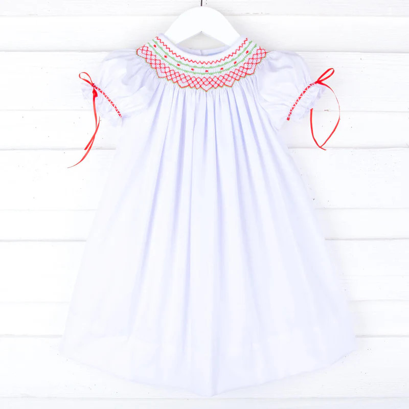 White Pique Geo Smocked Dress | Classic Whimsy