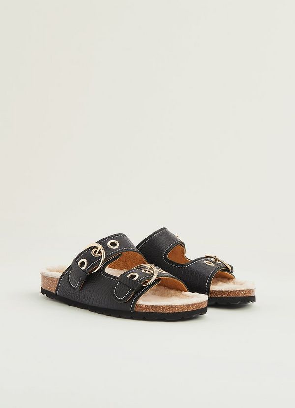 Romeo Black Grained Leather Shearling Flat Sandals | L.K. Bennett (UK)