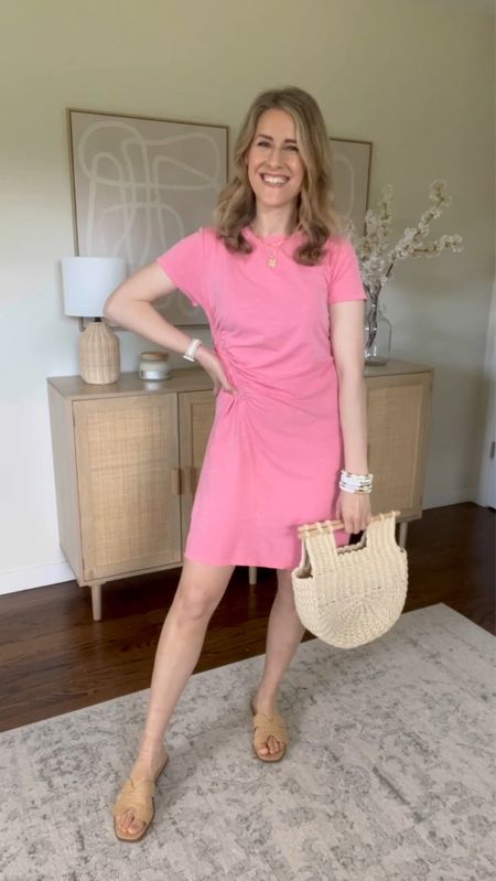 Target summer outfit with this ruched side tshirt dress, I sized up one to a medium. Very cute, nice length, thin fabric. Go down a half size in these sandals.

#LTKFindsUnder50 #LTKStyleTip #LTKFindsUnder100