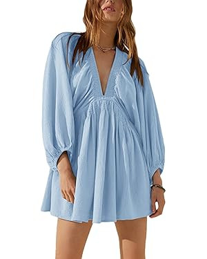 Women's Sexy Long Sleeve V Neck Tunic Dress Casual Loose Flowy Mini Swing Shift Dresses | Amazon (US)