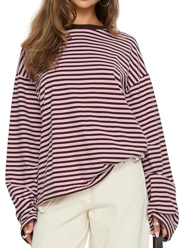 CHYRII Women Oversized Striped Long Sleeve T Shirts Fashion Casual Fall Spring 2026 Y2K Tops (Pink+Coffee S) | Amazon (US)