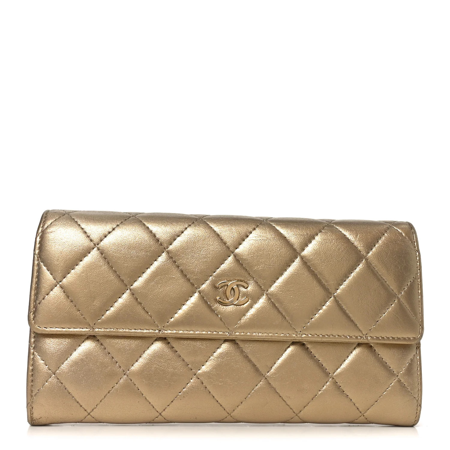 Metallic Lambskin Quilted Large Gusset Flap Wallet Gold | FASHIONPHILE (US)