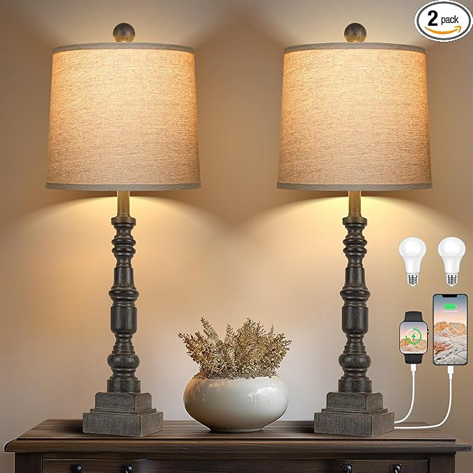 PARTPHONER 28" Table Lamp for Living Room Set of 2, Rustic Buffet Lamps with USB A+C, Farmhouse B... | Amazon (US)