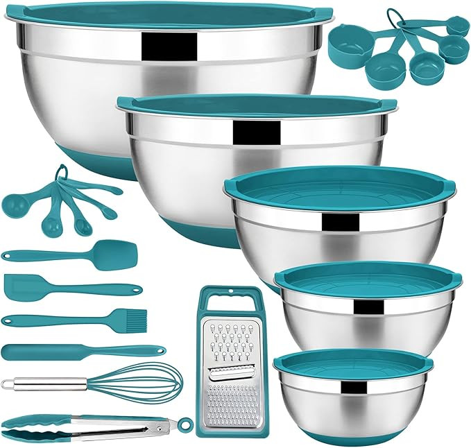 22-Piece Mixing Bowls with Teal Blue Lids & Accessories Set, E-far Stainless Steel Nesting Bowls ... | Amazon (US)