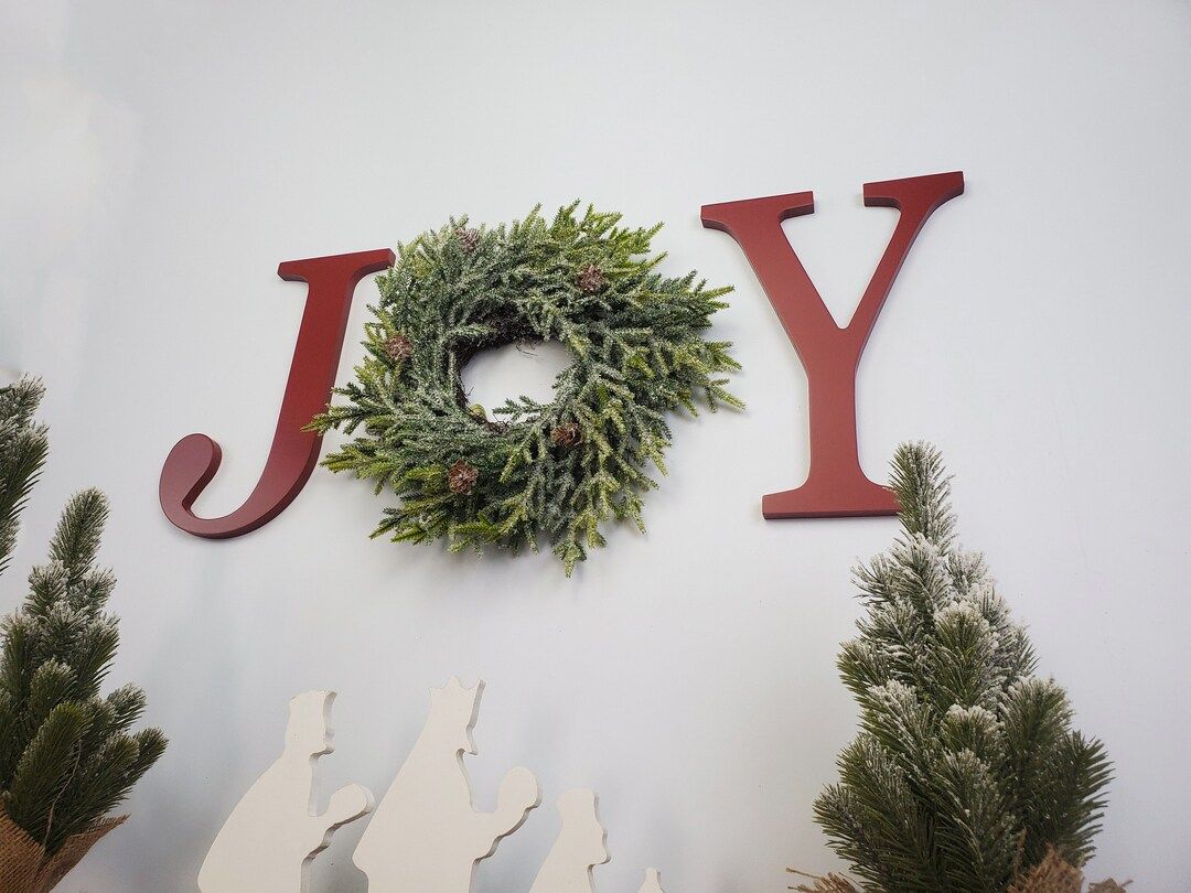 JOY Sign With Wreath – Farmhouse Christmas Decor - Red Large Wooden Letters for Holiday Wall De... | Etsy (US)