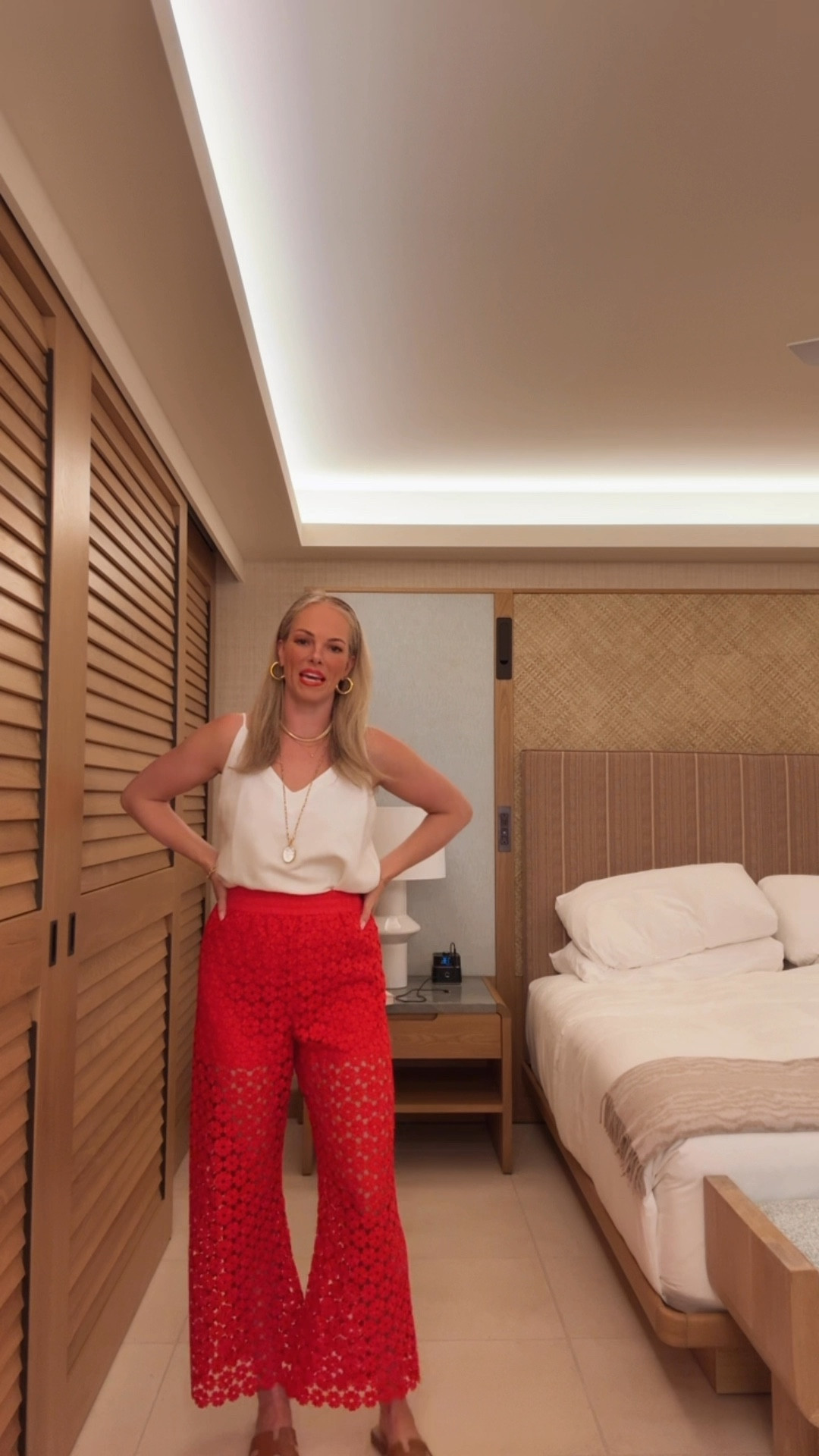 Night 1 in Hawaii! Obsessed with these floral crochet red pants - they are such a cute fit and on sale! You can also wear them over your swimsuit for a super versatile resort look. Heading to a dinner date with my handsome hubby ❤️ 

#LTKWatchNow #LTKTravel #LTKOver40