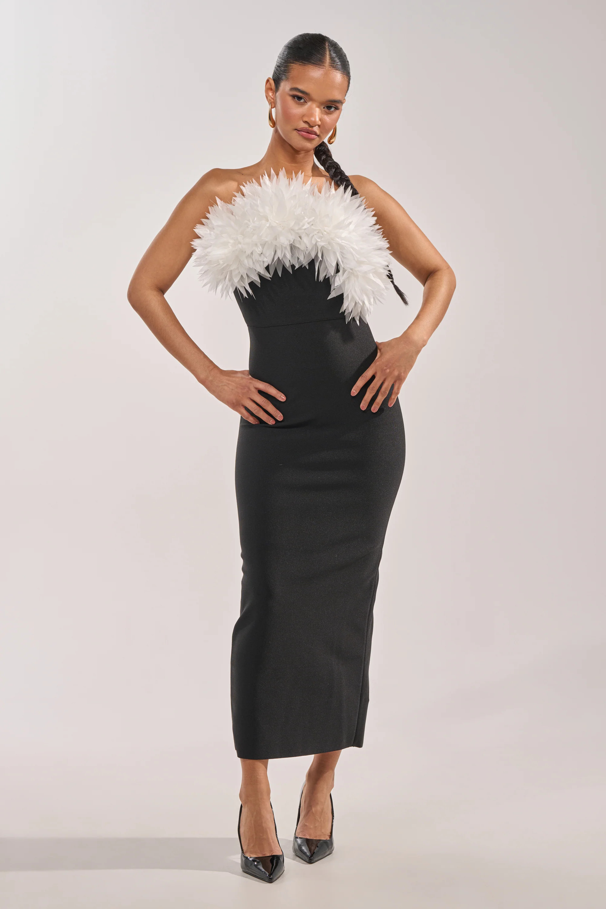 HEART ON MY SLEEVE BANDAGE MIDI DRESS IN BLACK | AKIRA