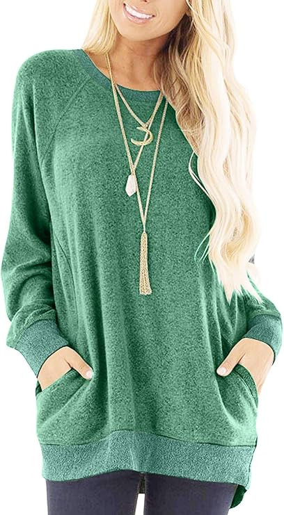 osazic Womens Casual Color Block Long Sleeve Round Neck Pocket T Shirts Blouses Sweatshirts Tunic... | Amazon (CA)